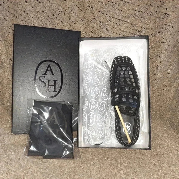 ASH-ONO-Black Leather-Silver Studded Loafers-Size 36-5.5-New In Box/Dustbag - Picture 1 of 9
